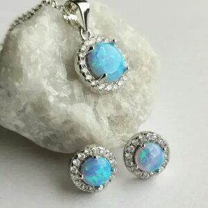 BLUE opal cz halo necklace earring set in Sterling Silver
